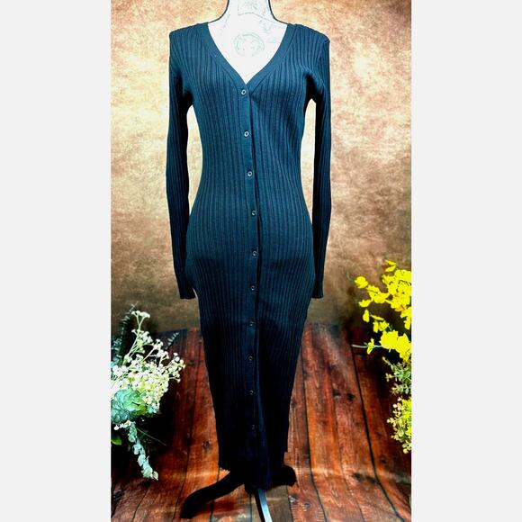 LITA By Ciara Icon Rib V Neck Cardigan Button Front Midi Dress Black M - Picture 7 of 16